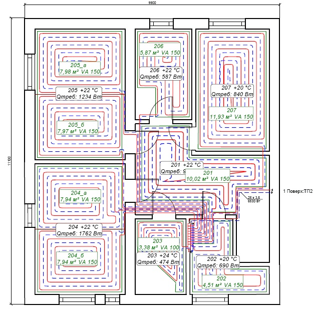 Схема укладки водяного теплого пола на первом этаже частного дома.
