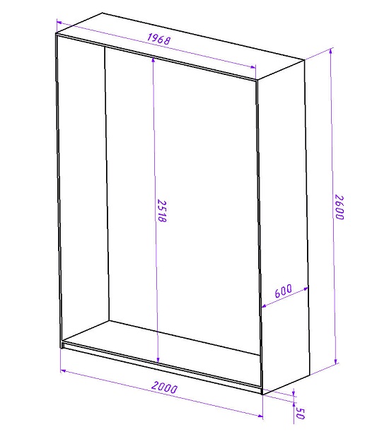 Проектирование шкафа-купе начинают с определения его габаритов. Зная габариты шкафа и учитывая высоту цоколя 5 см, а также ширину ЛДСП 16 мм, можно точно определить размеры внутренней части шкафа. Эти размеры необходимы для проектирования наполнения шкафа-купе и изготовления дверей-купе.