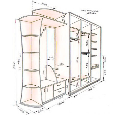 Шкаф-купе для прихожей. Открытые секции могут быть установлены с любой стороны шкафа.