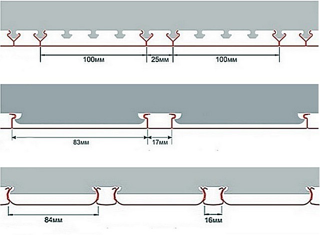 Примеры реечных потолков, в которых просветы между отдельно расположенными рейками закрываются раскладками